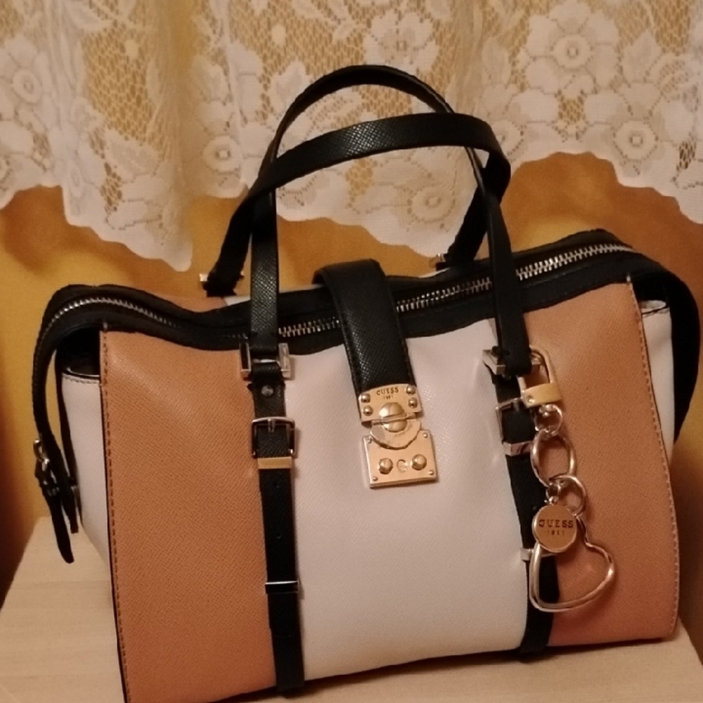 Guess Tan and White Satchel with Gold Accents